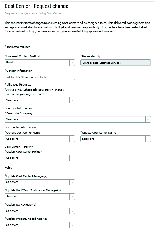 Cost Center Request Change screenshot